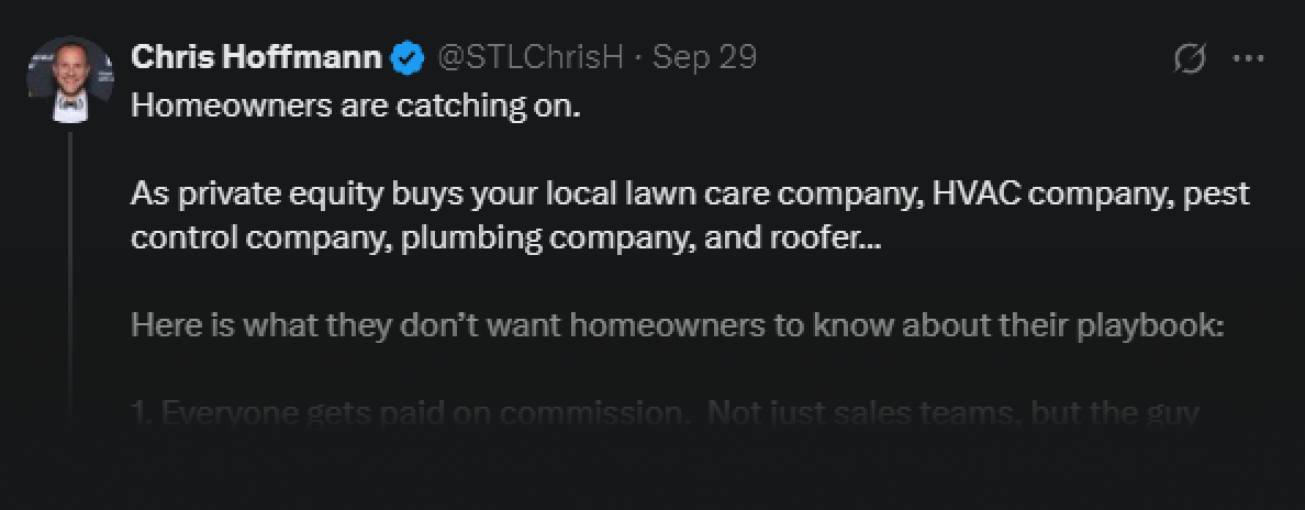 Tweet from Chris Hoffmann about private equity buyouts in home services